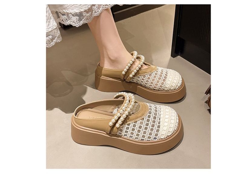 Platform Detail Mesh Faux Mules Pearl