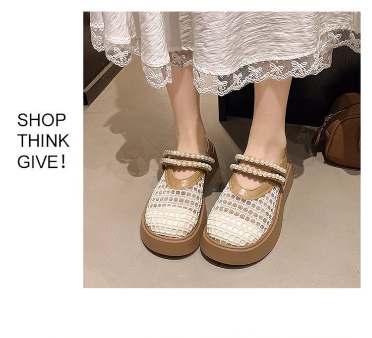 Platform Detail Mesh Faux Mules Pearl