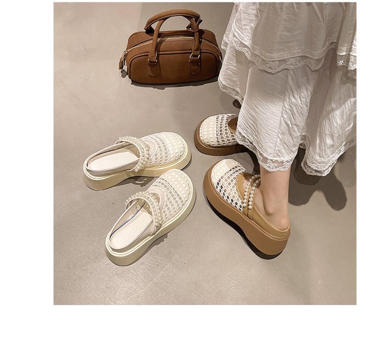 Platform Detail Mesh Faux Mules Pearl