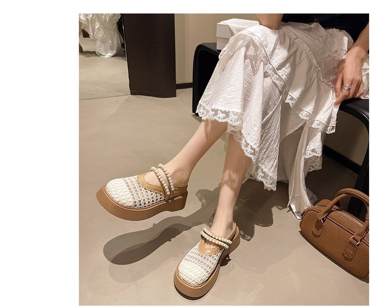Platform Detail Mesh Faux Mules Pearl