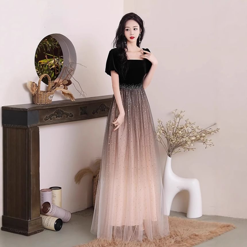 Puff-Sleeve Gown A-Line Evening Panel Square Neck Mesh