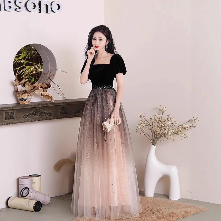 Puff-Sleeve Gown A-Line Evening Panel Square Neck Mesh