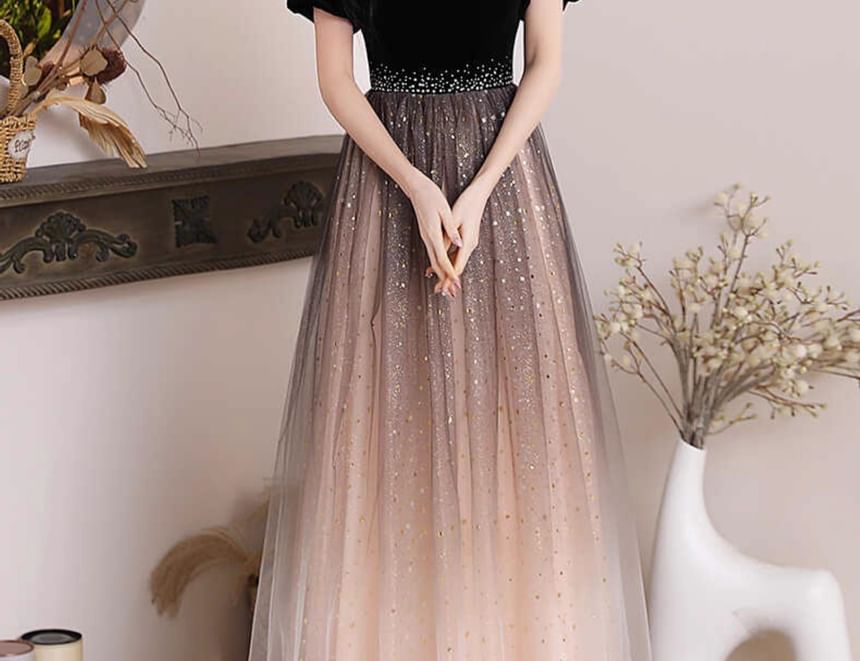 Puff-Sleeve Gown A-Line Evening Panel Square Neck Mesh