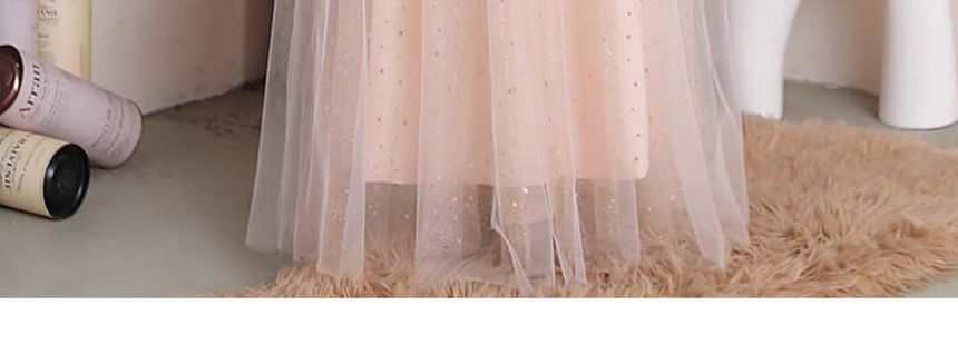 Puff-Sleeve Gown A-Line Evening Panel Square Neck Mesh