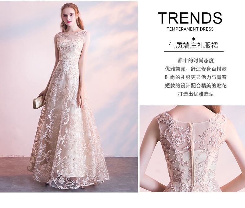 Neck A-Line Crew / Gown Embroidered Mesh Sleeveless 3/4-Sleeve Evening