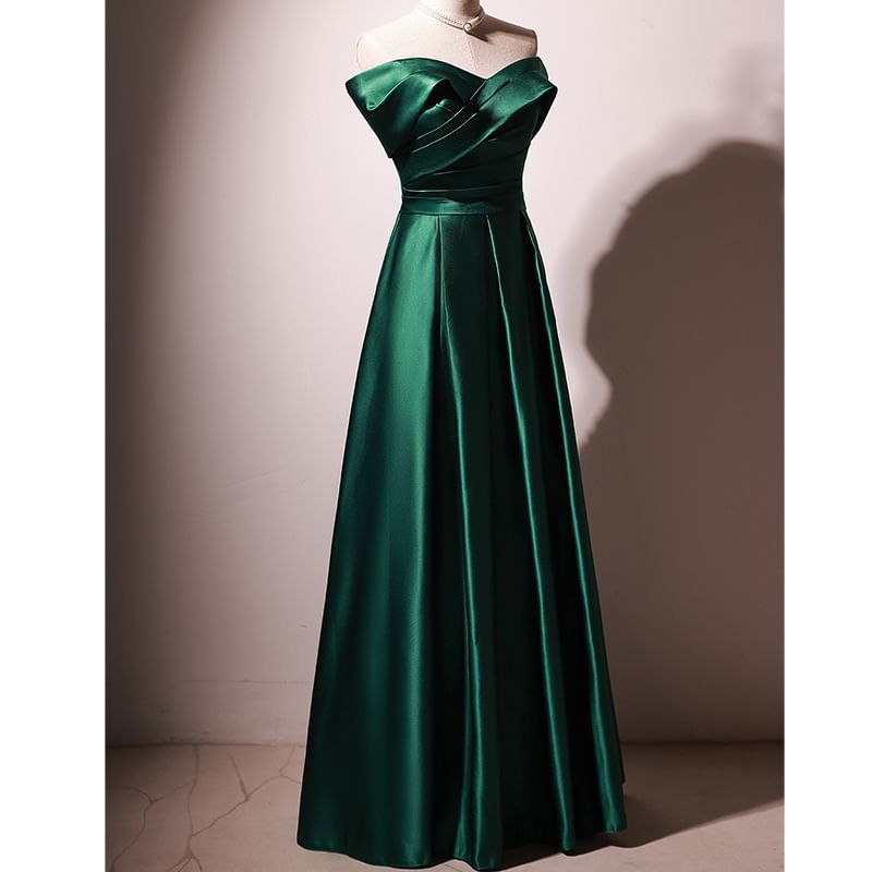 Gown Satin Plain Ruched Off-Shoulder Evening A-Line Pleated