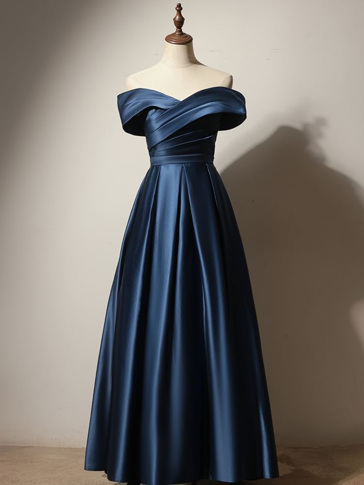 Gown Satin Plain Ruched Off-Shoulder Evening A-Line Pleated