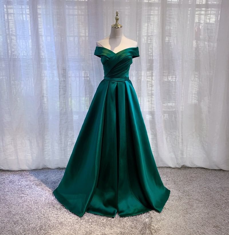 Gown Satin Plain Ruched Off-Shoulder Evening A-Line Pleated