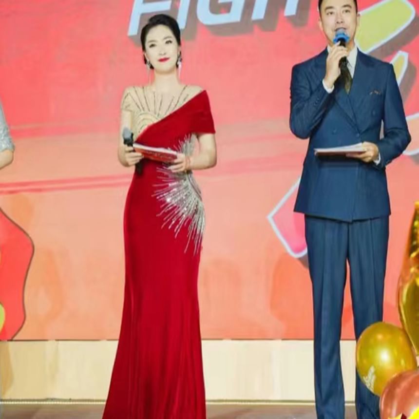 Sequin Short Panel Mesh Evening Gown Trumpet Round Neck Sleeve