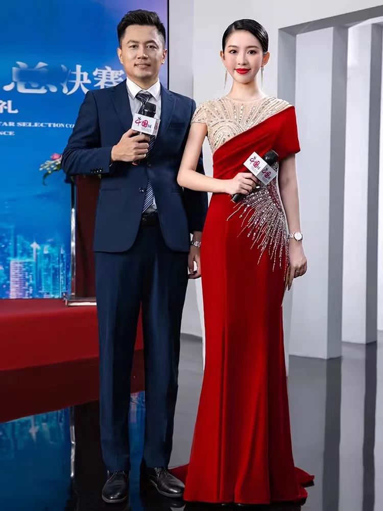 Sequin Short Panel Mesh Evening Gown Trumpet Round Neck Sleeve