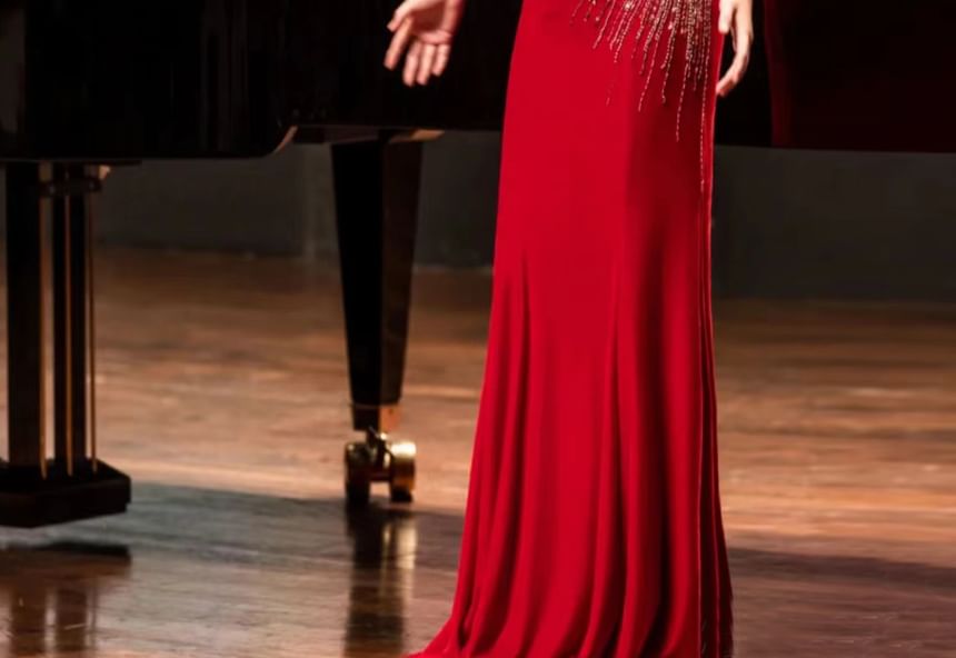 Sequin Short Panel Mesh Evening Gown Trumpet Round Neck Sleeve