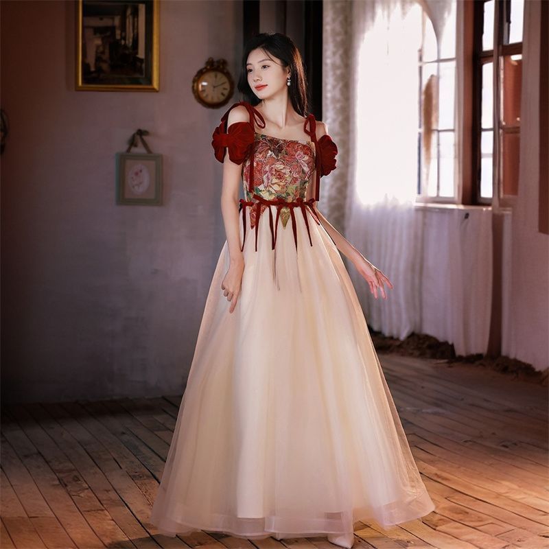 Floral Bow A-Line Gown Cold Accent Short-Sleeve Shoulder Print Evening