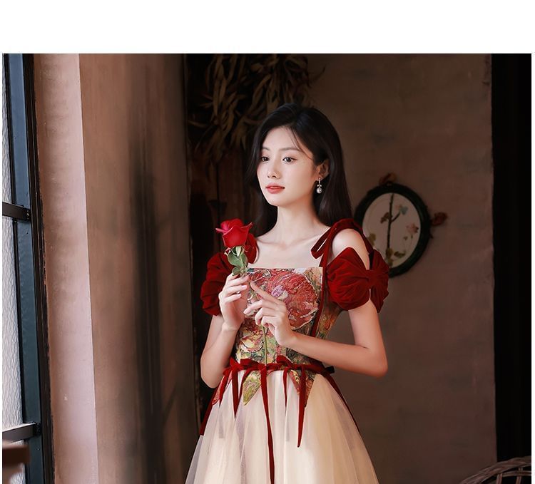 Floral Bow A-Line Gown Cold Accent Short-Sleeve Shoulder Print Evening