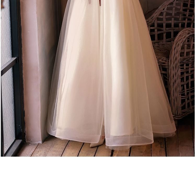 Floral Bow A-Line Gown Cold Accent Short-Sleeve Shoulder Print Evening