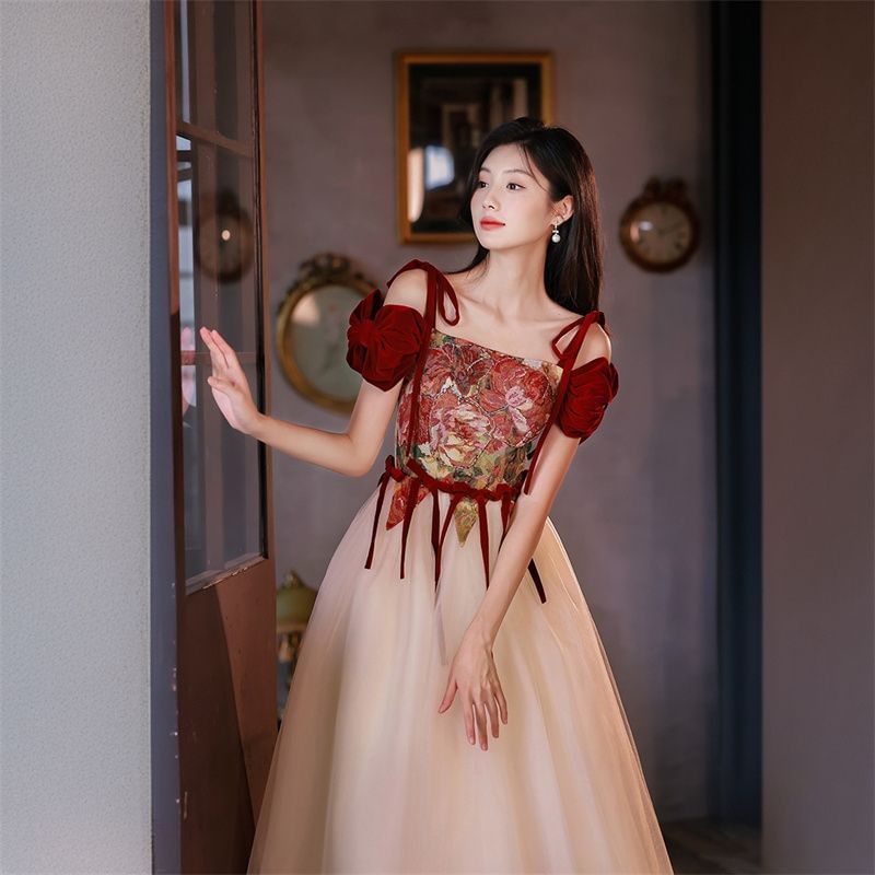 Floral Bow A-Line Gown Cold Accent Short-Sleeve Shoulder Print Evening