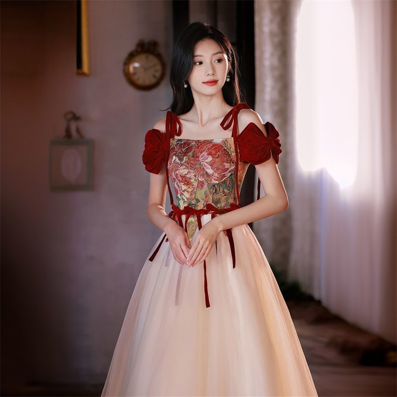 Floral Bow A-Line Gown Cold Accent Short-Sleeve Shoulder Print Evening