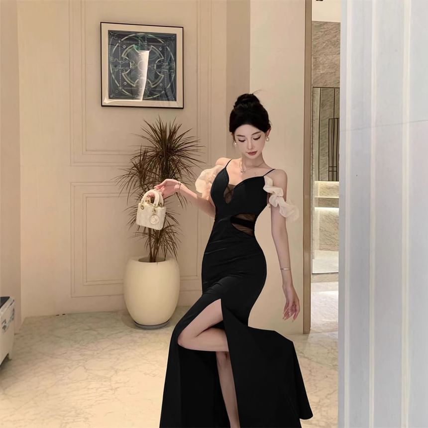 Slit Evening Strap Panel Sheer Spaghetti Ruched V-Neck Gown Mermaid