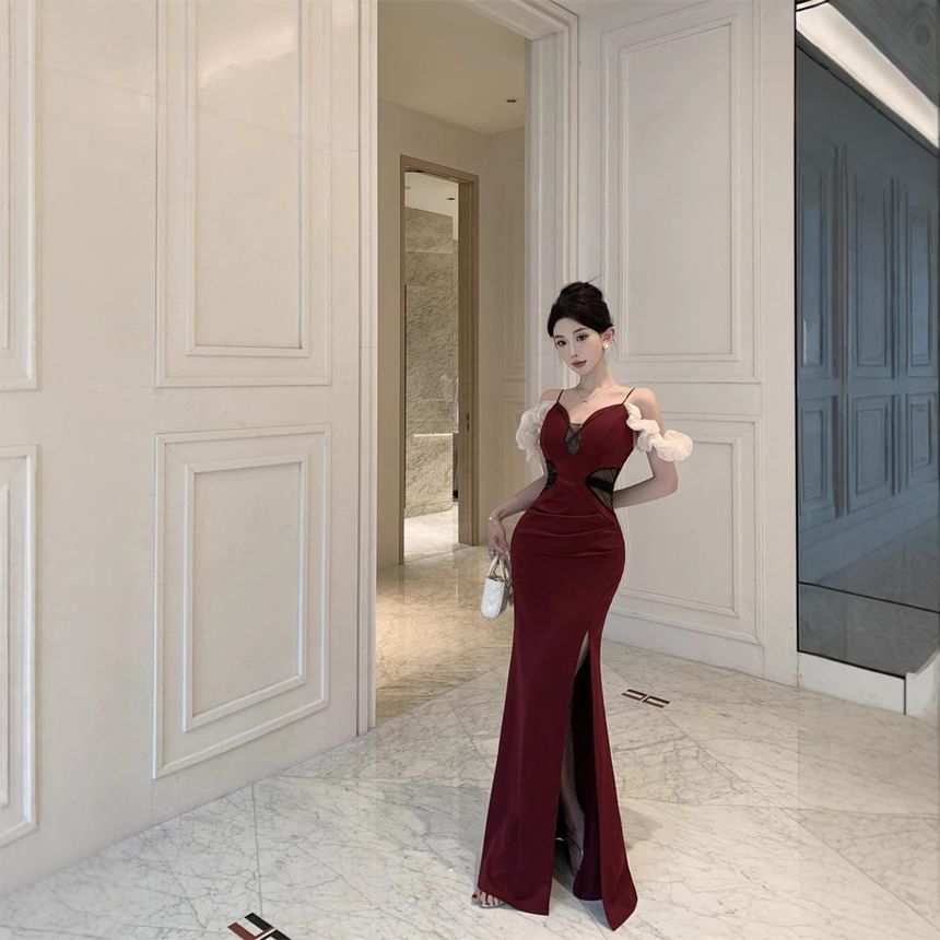 Slit Evening Strap Panel Sheer Spaghetti Ruched V-Neck Gown Mermaid