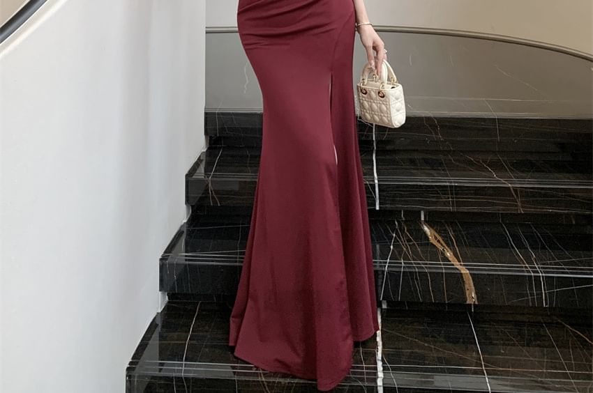 Slit Evening Strap Panel Sheer Spaghetti Ruched V-Neck Gown Mermaid