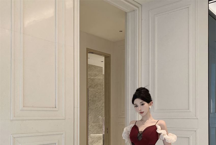 Slit Evening Strap Panel Sheer Spaghetti Ruched V-Neck Gown Mermaid