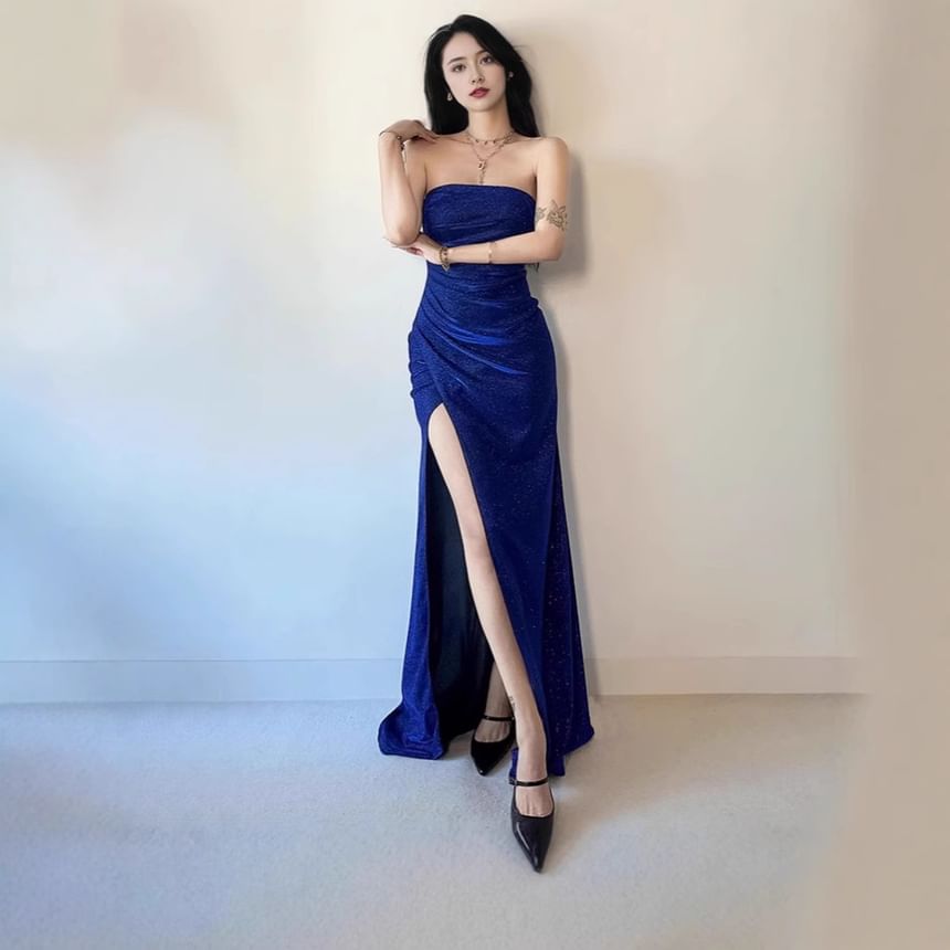 Strapless Ruched Gown Evening Mermaid Slit Glitter