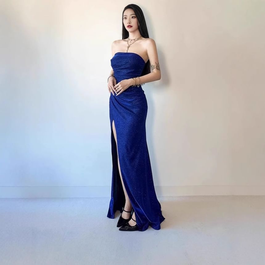 Strapless Ruched Gown Evening Mermaid Slit Glitter