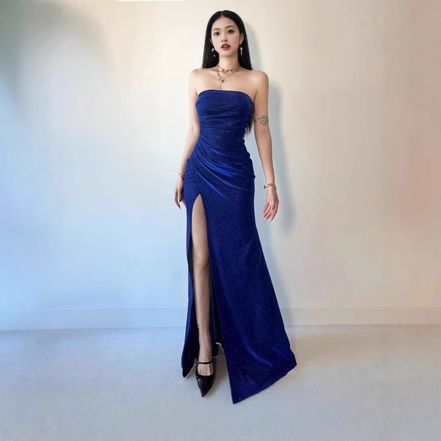 Strapless Ruched Gown Evening Mermaid Slit Glitter