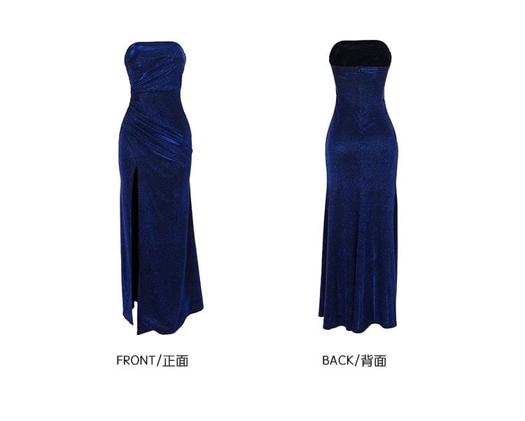 Strapless Ruched Gown Evening Mermaid Slit Glitter