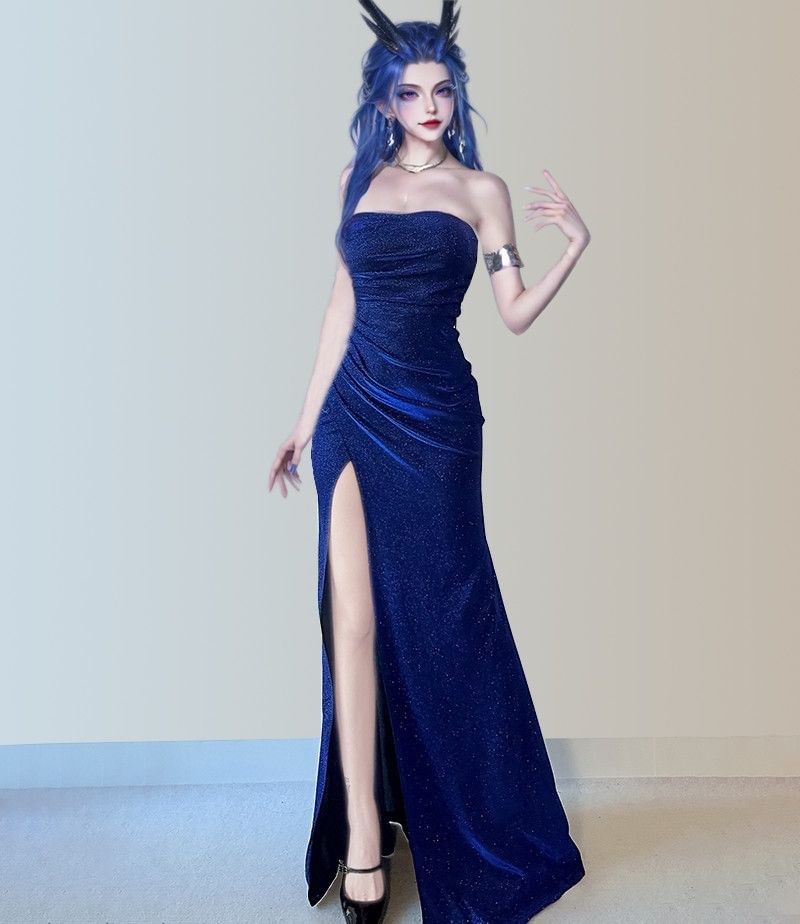 Strapless Ruched Gown Evening Mermaid Slit Glitter
