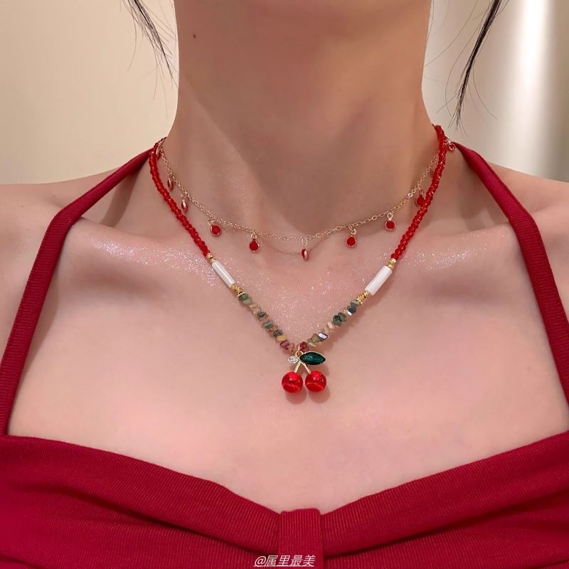 Pendant Layered Beaded Necklace Cherry