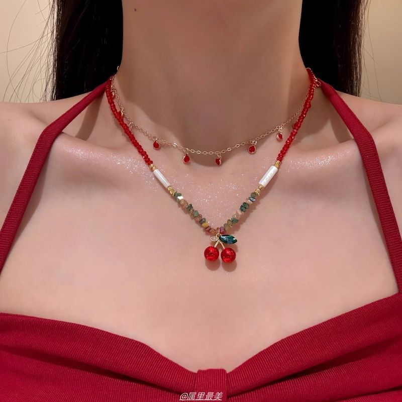 Pendant Layered Beaded Necklace Cherry