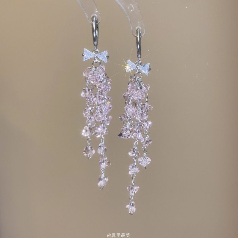 Bow Earring Drop Huggie Rhinestone Fringed