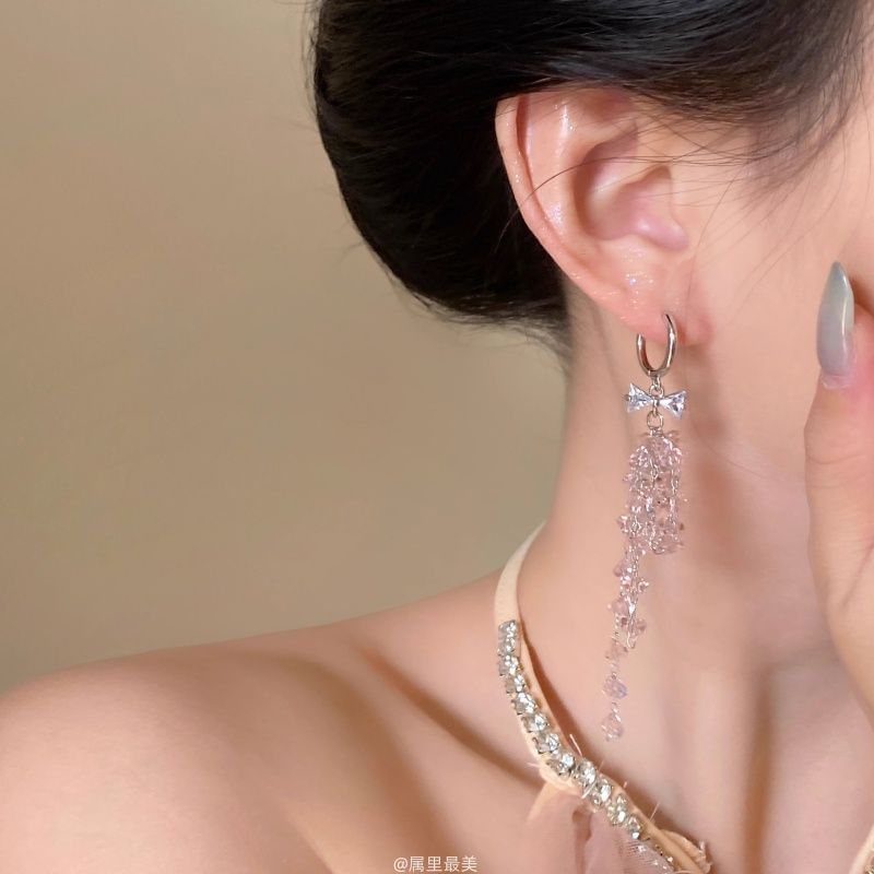 Bow Earring Drop Huggie Rhinestone Fringed