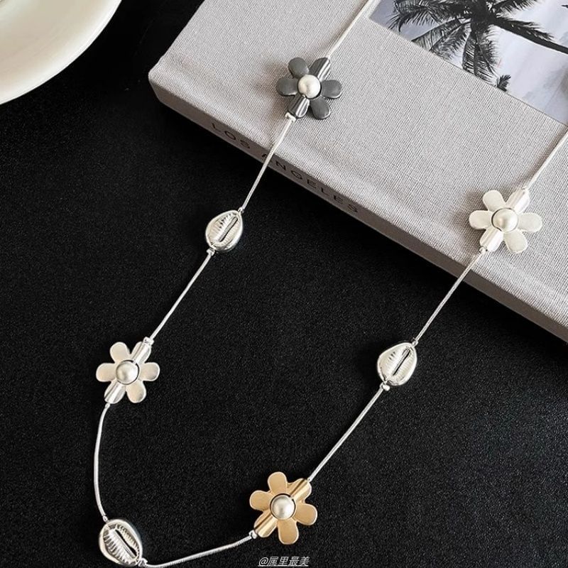 Long Faux Necklace Flower Pearl