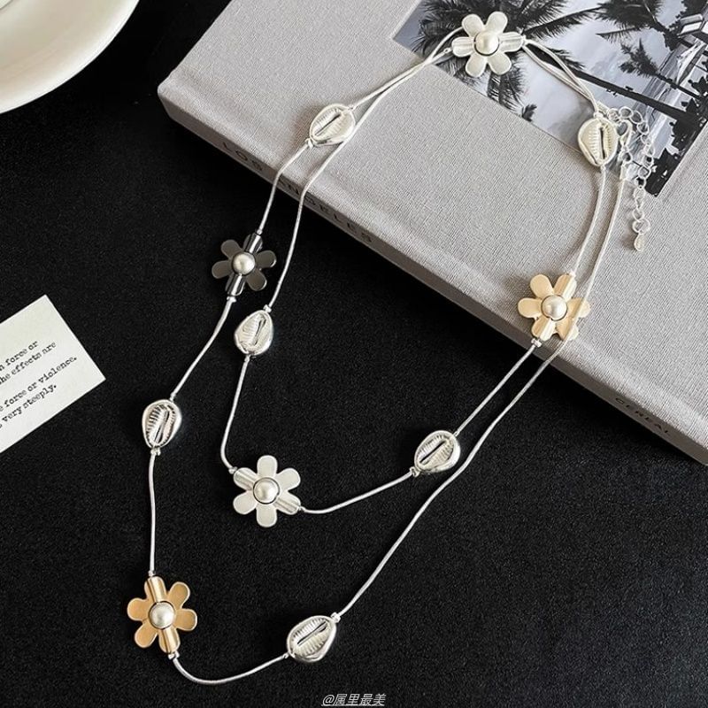 Long Faux Necklace Flower Pearl