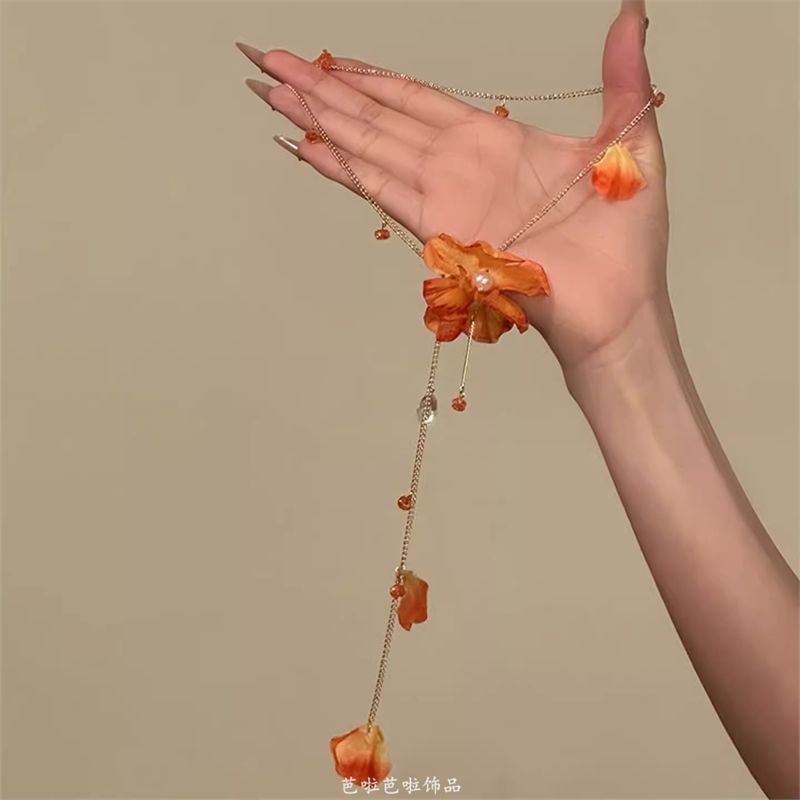 Lariat Flower Necklace Fringed