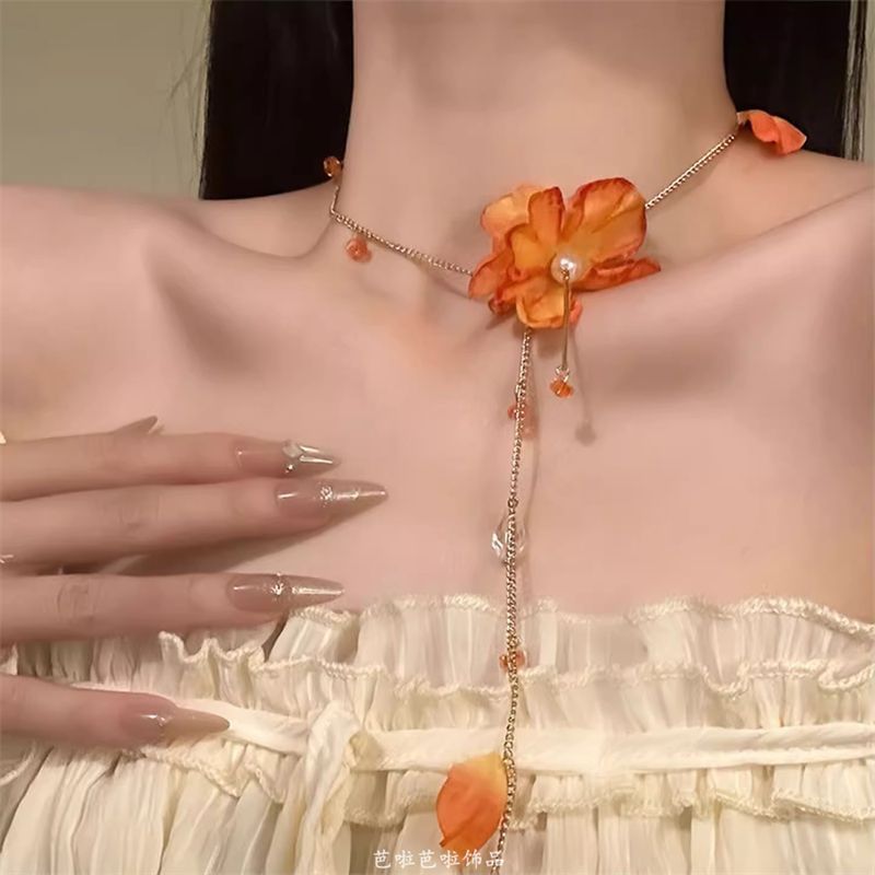 Lariat Flower Necklace Fringed