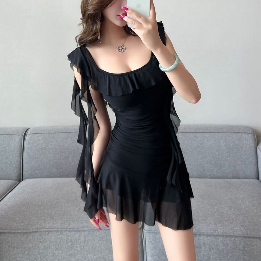 Dress Sleeve Mini Butterfly Ruffle Neckline