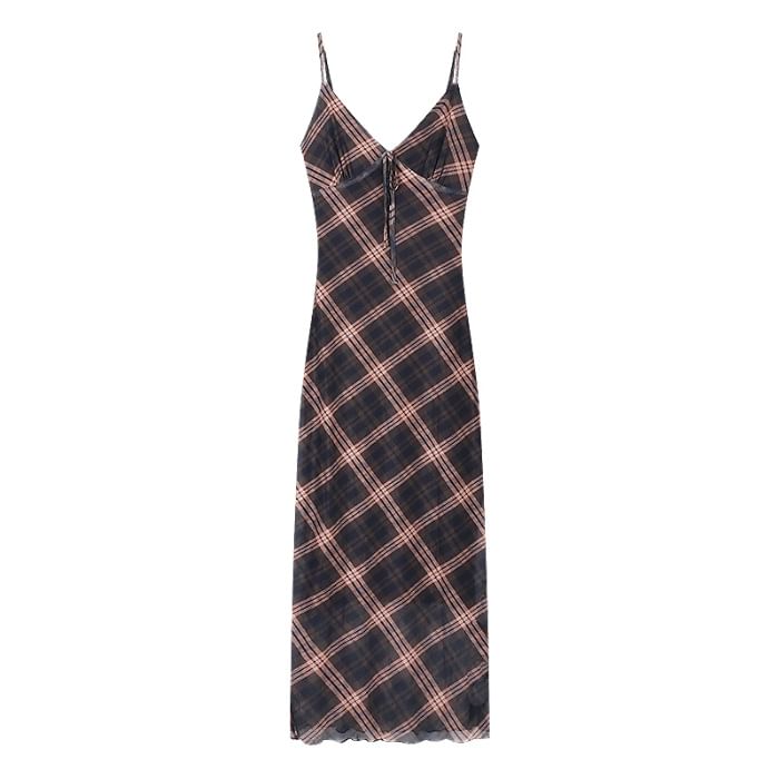 Dress Plaid V-Neck Maxi Sleeveless Print