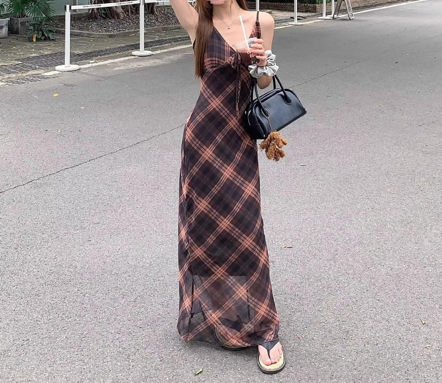Dress Plaid V-Neck Maxi Sleeveless Print