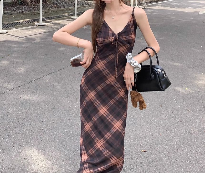 Dress Plaid V-Neck Maxi Sleeveless Print