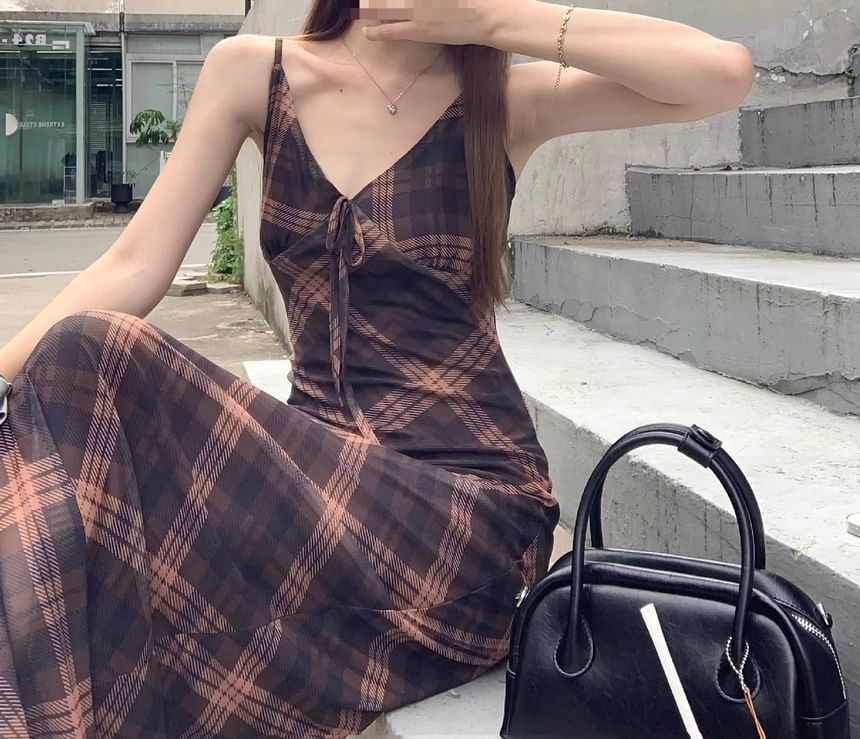 Dress Plaid V-Neck Maxi Sleeveless Print