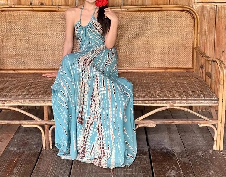 Sleeveless Neck Dress Halter Printed Maxi