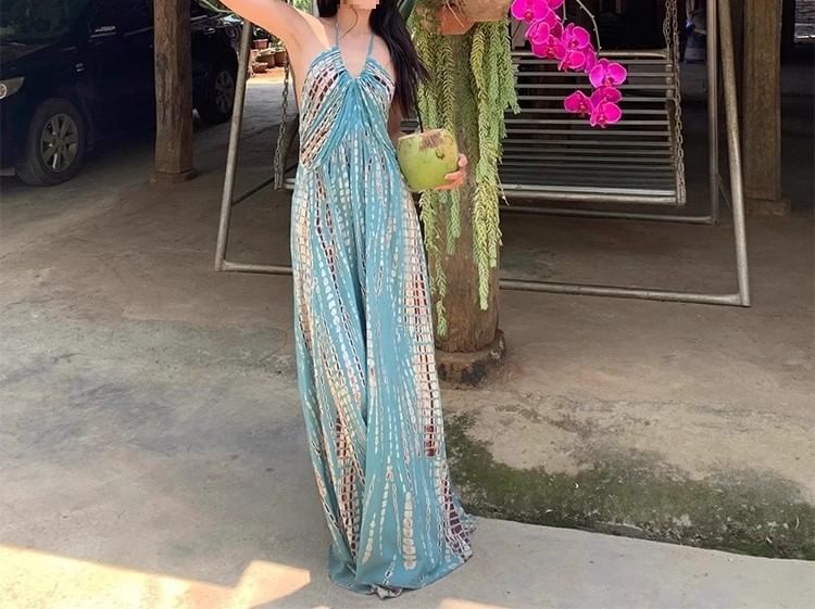 Sleeveless Neck Dress Halter Printed Maxi