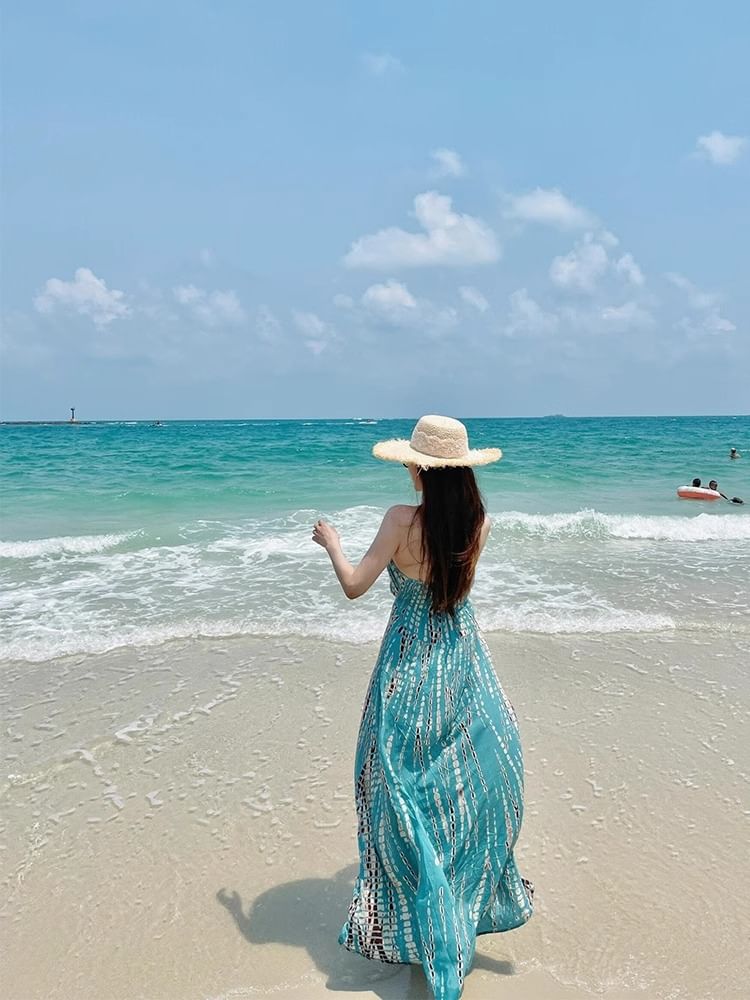 Sleeveless Neck Dress Halter Printed Maxi