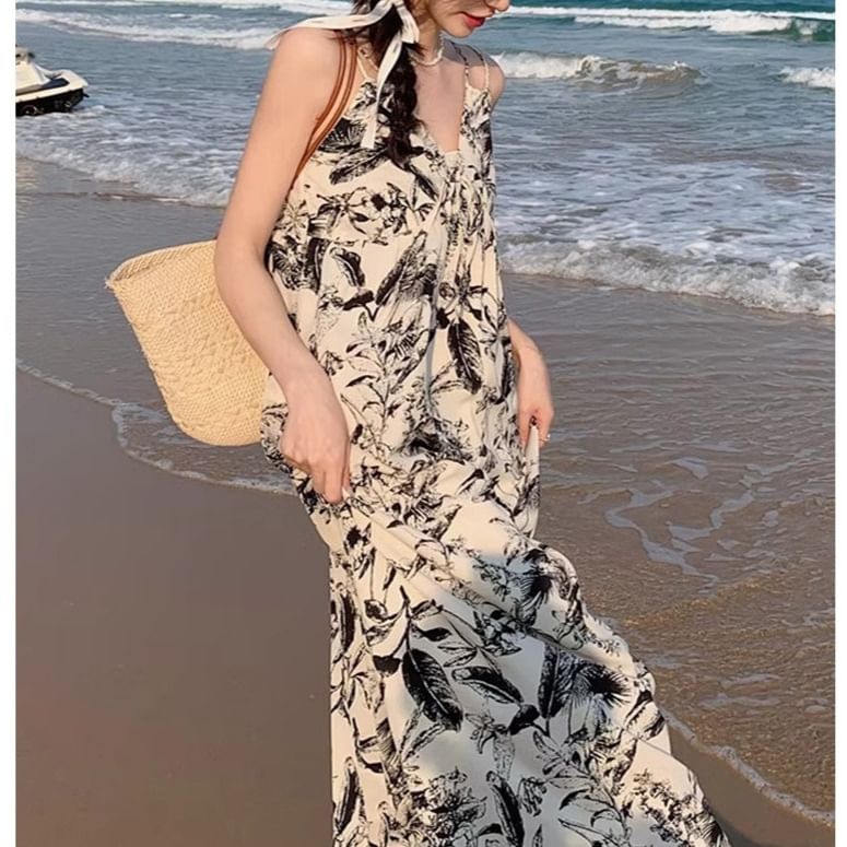 Print Strap Floral Spaghetti Maxi V-Neck Dress
