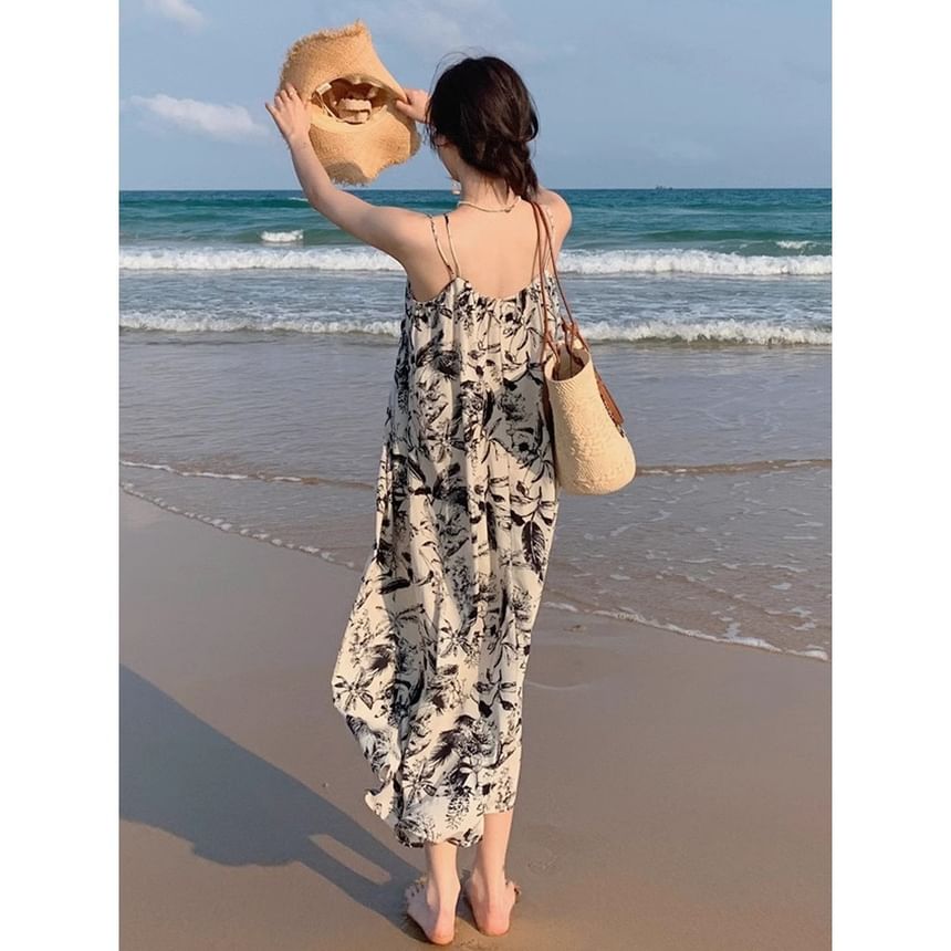 Print Strap Floral Spaghetti Maxi V-Neck Dress