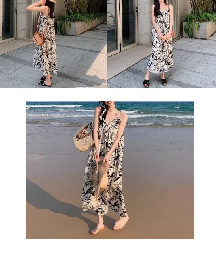 Print Strap Floral Spaghetti Maxi V-Neck Dress