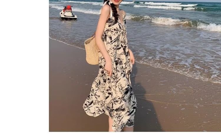 Print Strap Floral Spaghetti Maxi V-Neck Dress