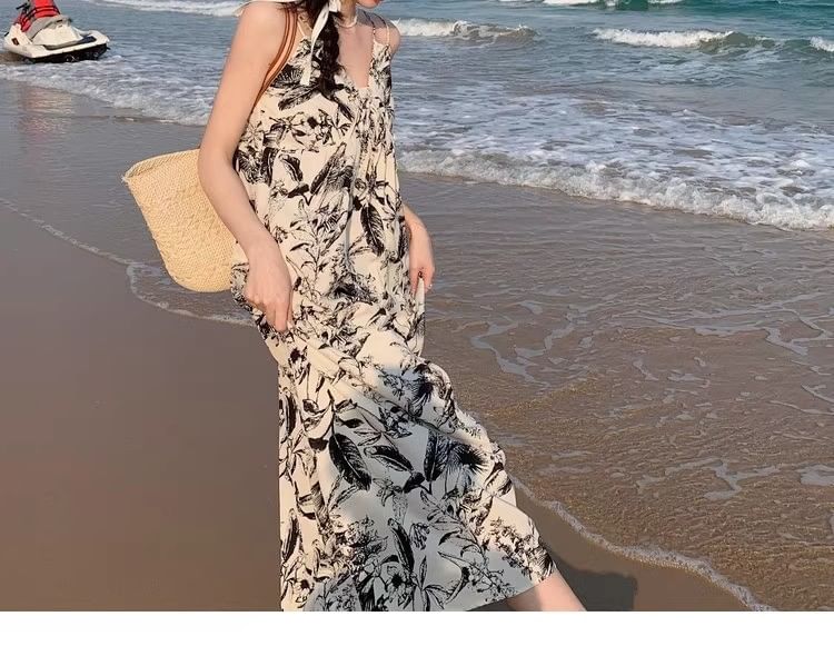 Print Strap Floral Spaghetti Maxi V-Neck Dress